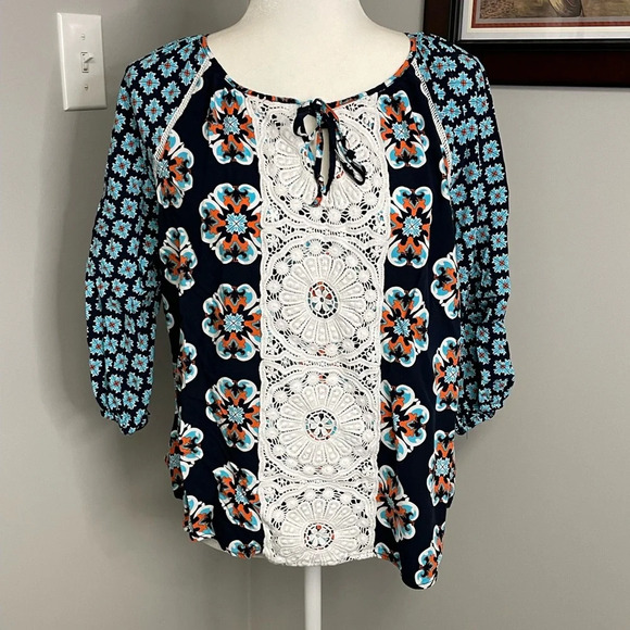 Crown and Ivy blue white lace crochet tie blouse size Medium boho business flowy - Picture 1 of 4